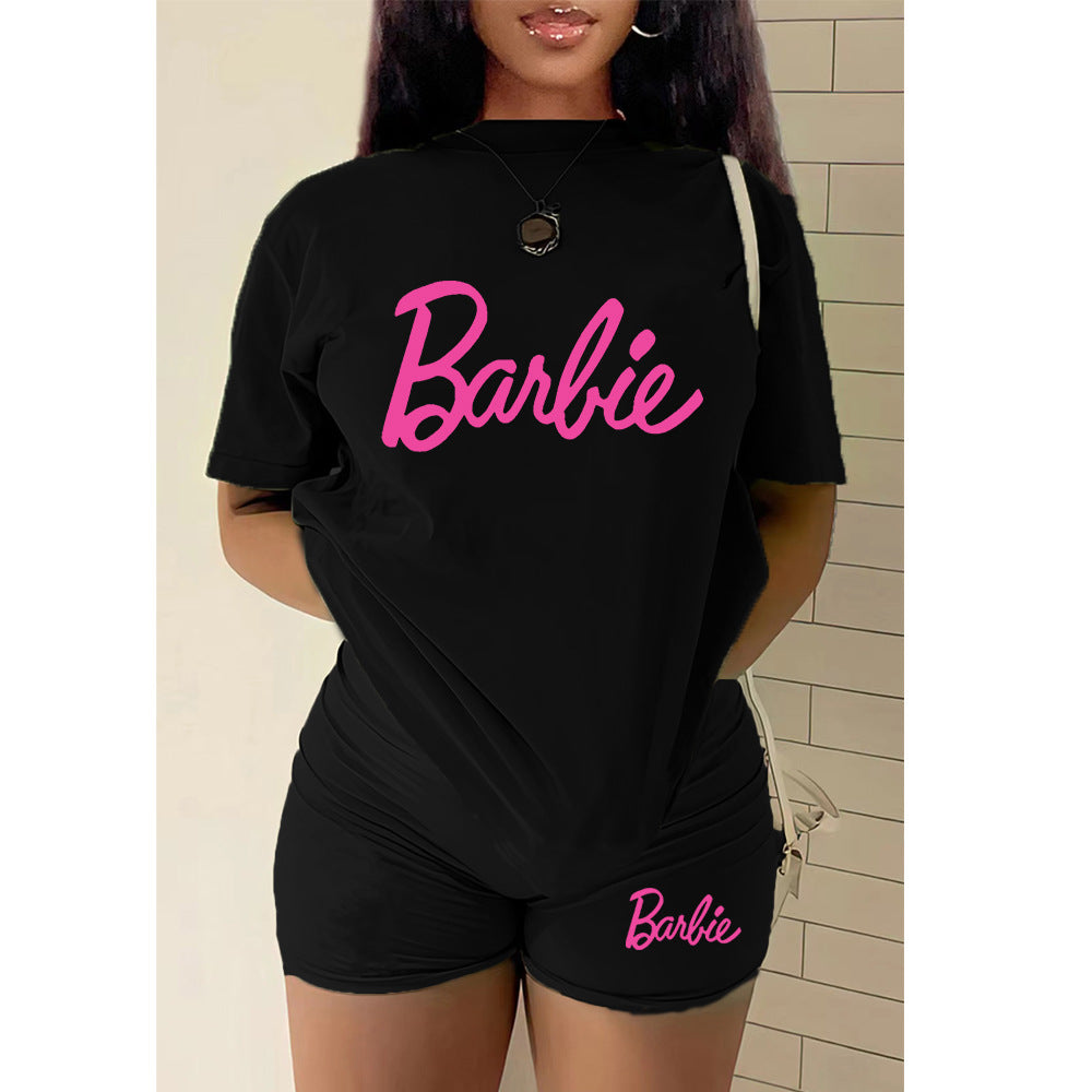 Conjunto de dos piezas con top y pantalones cortos con estampado del alfabeto de Barbie para mujer