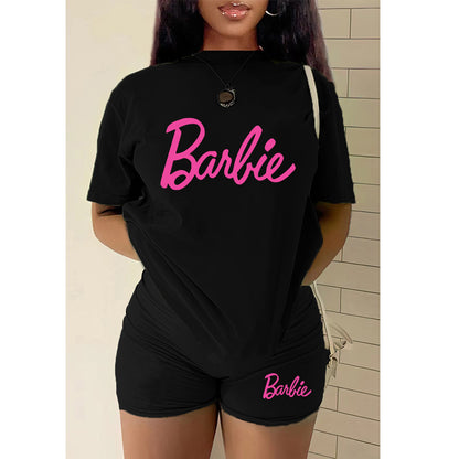 Conjunto de dos piezas con top y pantalones cortos con estampado del alfabeto de Barbie para mujer