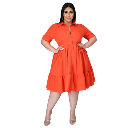 Plus Size Women Summer Casual Solid Color Short Sleeves Single-breasted Ruffled Shirt Dress
