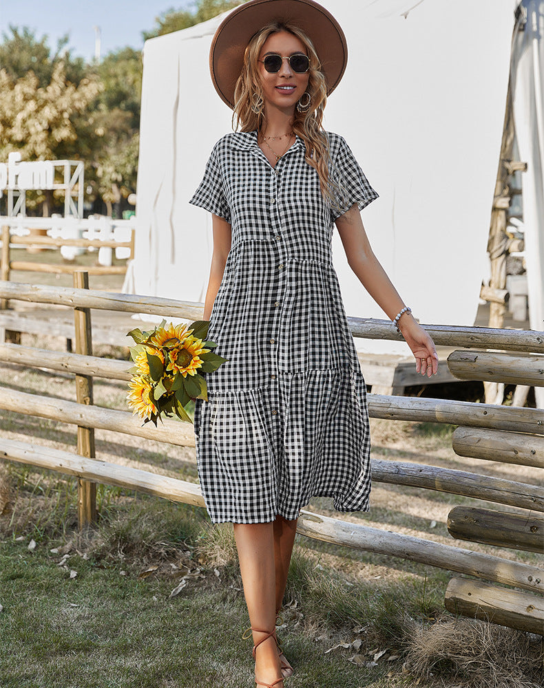 Women Fashion Casual Plaid Single Breasted Lapel Short Sleeve Dress