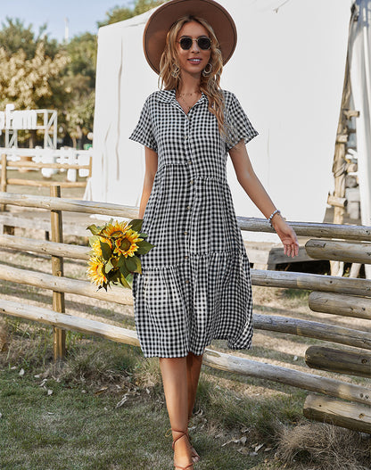 Women Fashion Casual Plaid Single Breasted Lapel Short Sleeve Dress