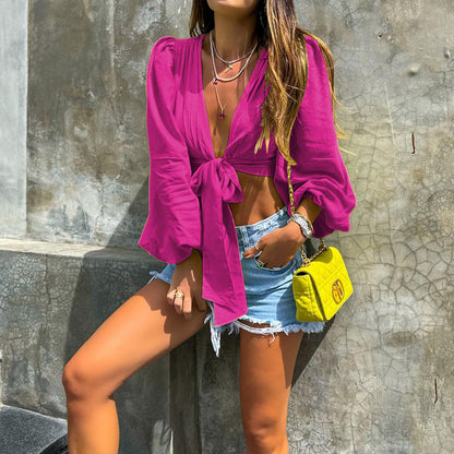 Blusa informal de manga larga con nudo para mujer, color liso, ideal para vacaciones