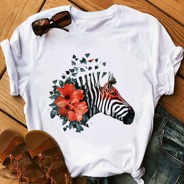 Camiseta informal de manga corta con estampado de cebra para mujer