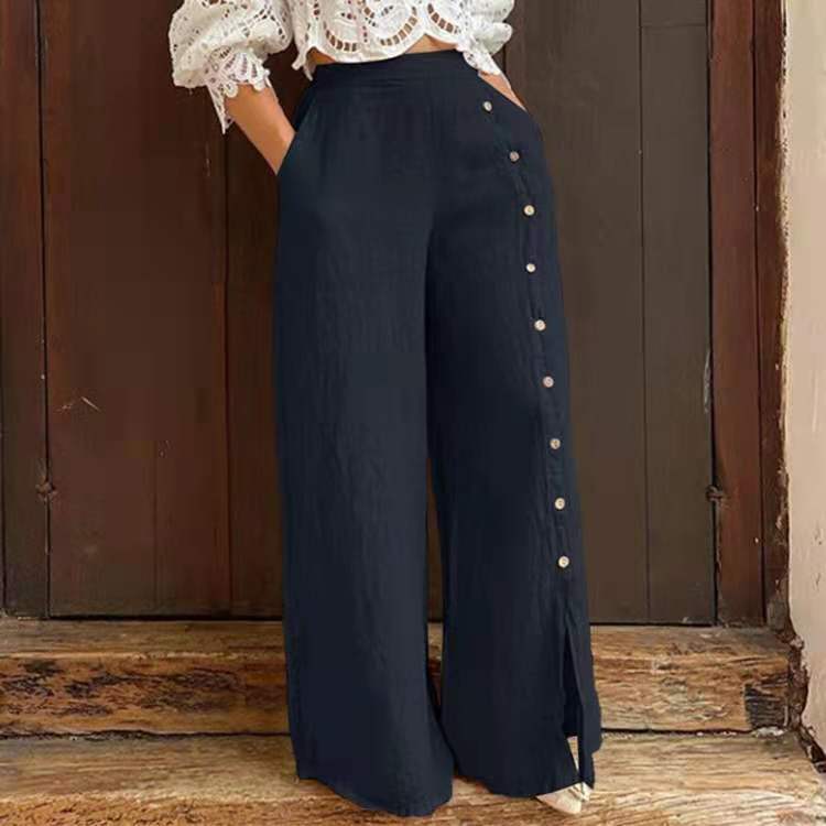 Women Loose Casual Multi-Button Split Wide Leg High Waist Pants