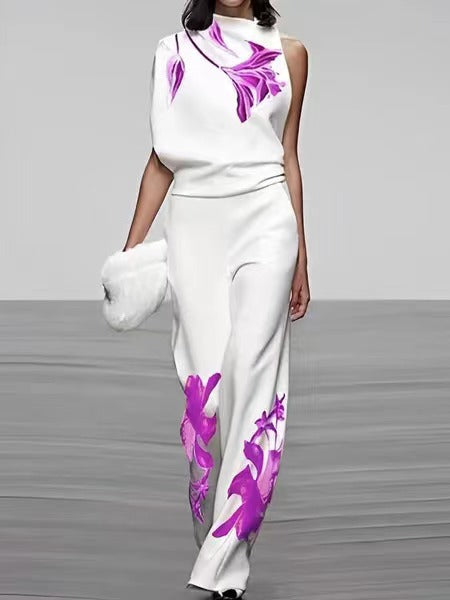 Conjunto de dos piezas con top y pantalones holgados sin mangas con estampado floral informal a la moda para mujer