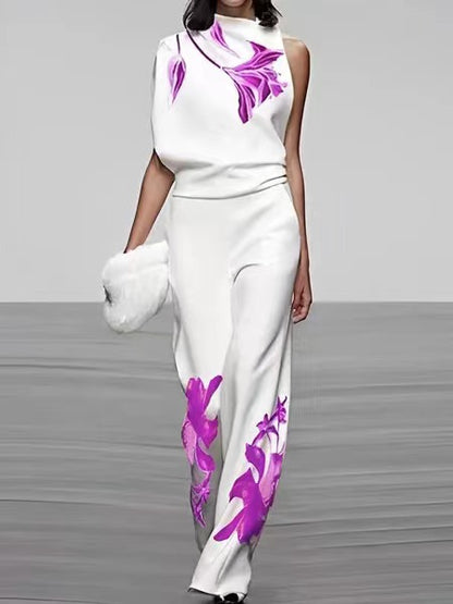 Conjunto de dos piezas con top y pantalones holgados sin mangas con estampado floral informal a la moda para mujer