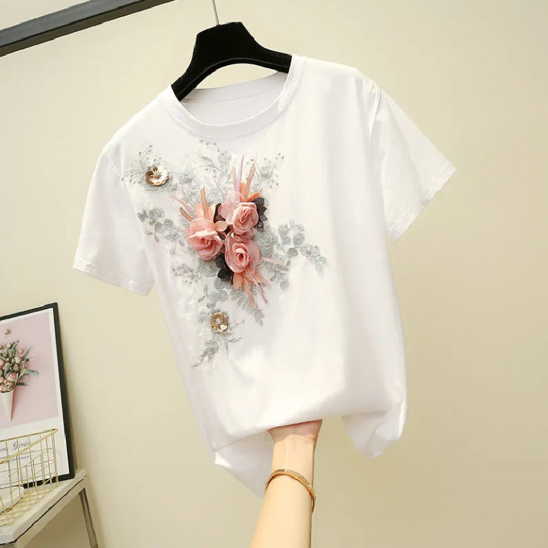 Camisetas casuales de algodón con cuello redondo y flores para mujer