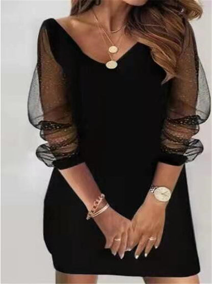 Casual Plus Size Women Sequined See-Through Mesh Long Sleeve Casual Dress