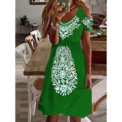 Women Bohemian Style Pleated Off-Shoulder Short-Sleeved Casual Midi Dress