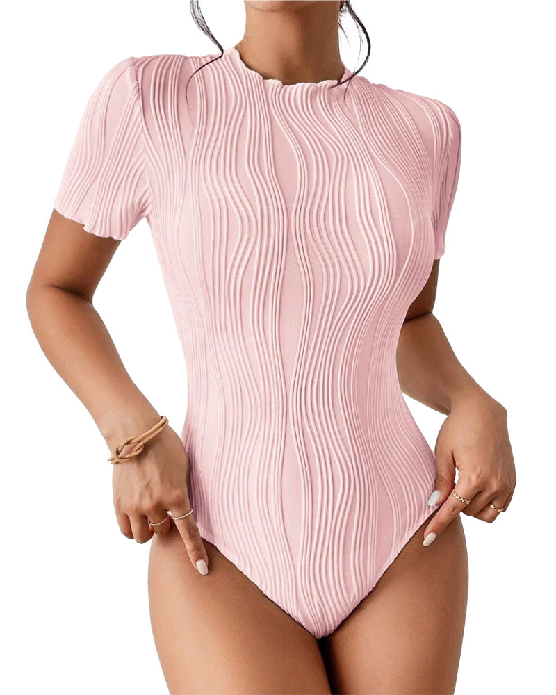Women Fashion Casual Corrugated Round Neck Short Sleeve Bodysuits