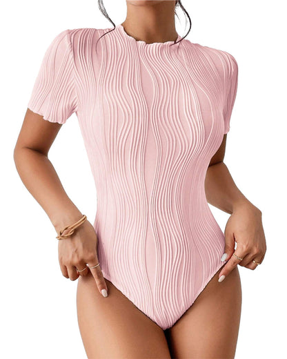 Women Fashion Casual Corrugated Round Neck Short Sleeve Bodysuits