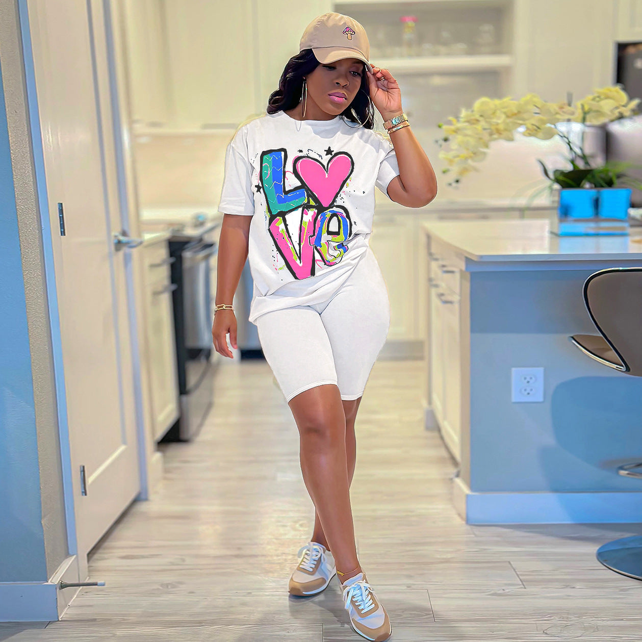Casual Women Love Letter Print Short Sleeve T-Shirt And Shorts Set