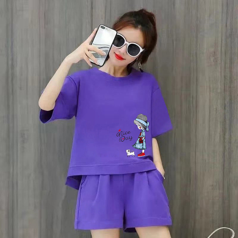 Conjunto de 2 piezas de camiseta de manga corta con cuello redondo, pantalones cortos y cintura definida, estampado de color liso y holgado para mujer