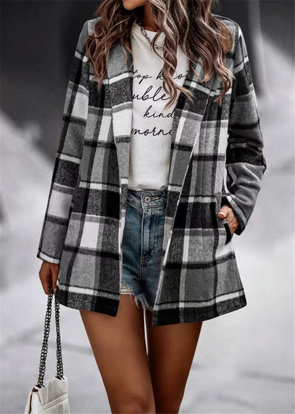 Chaqueta de punto de manga larga con bolsillo y estampado a cuadros holgado e informal de invierno para mujer