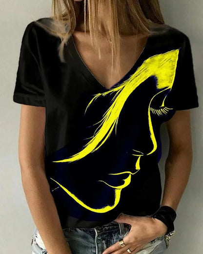 Camiseta básica de verano con cuello en V y estampado 3D de personajes informales para mujer