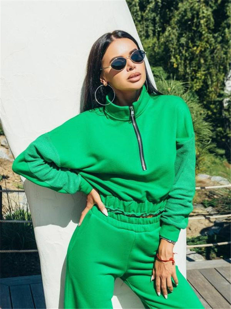 Autumn And Winter Athleisure Women Fashion Sports Casual Zipper Sweatshirt Pants Two-Piece Set