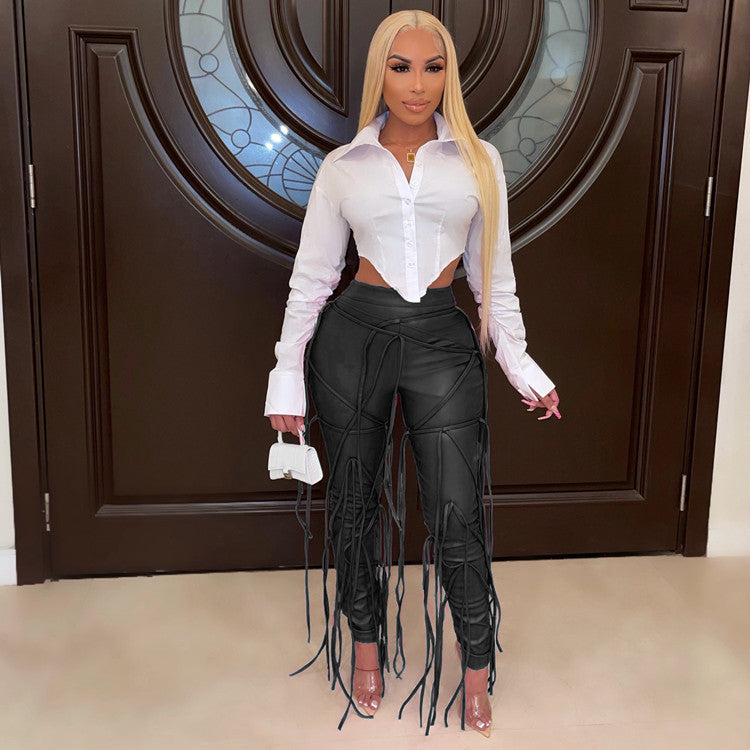 Women Fashion Casual Pu Leather Tassel Strap Women Solid Color Pants