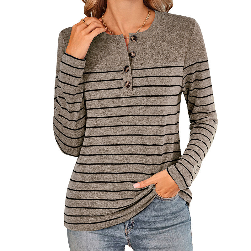 Camiseta informal de manga larga con botones y rayas en contraste para mujer