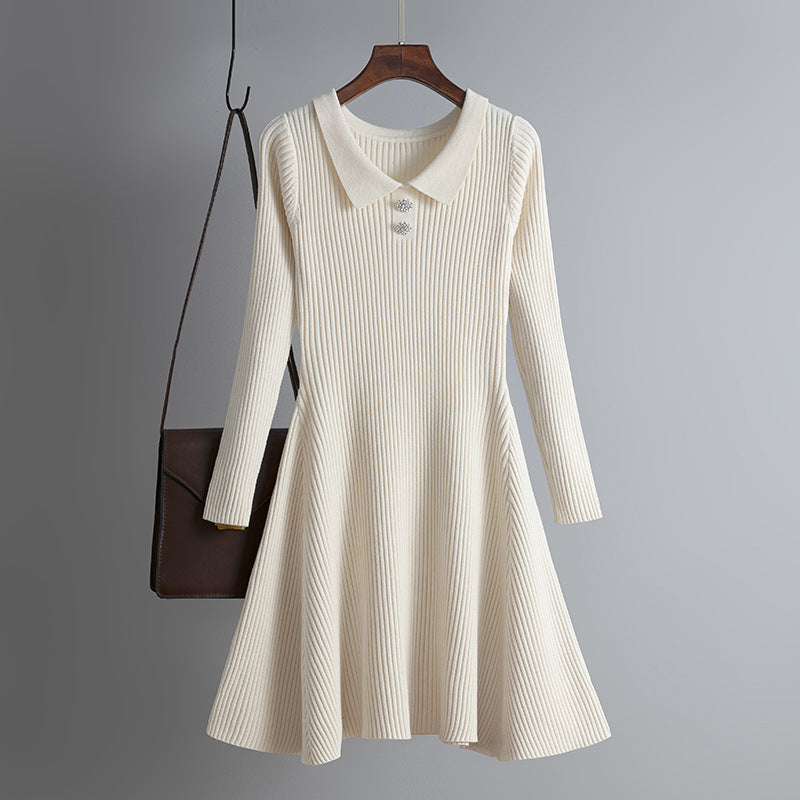 Vestido de punto de manga larga con solapa de color liso informal para mujer, otoño e invierno