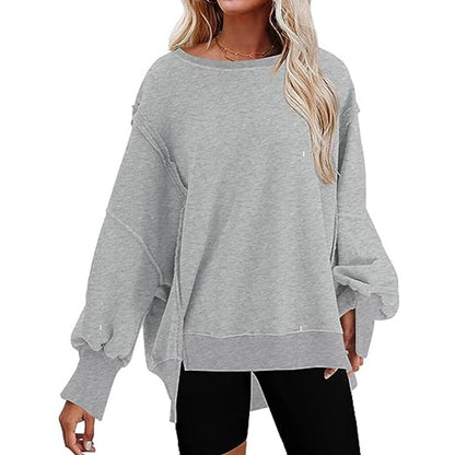 Women Fashion Casual Solid Color Round Neck Split Sweatshirt