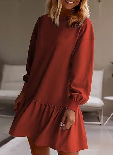 Women Casual Solid Color Round Neck Long Sleeve Dress