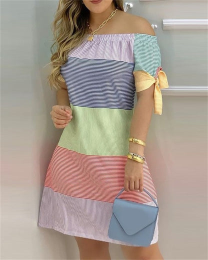 Women Casual Off-The-Shoulder Short Sleeves Color Blocking Dress