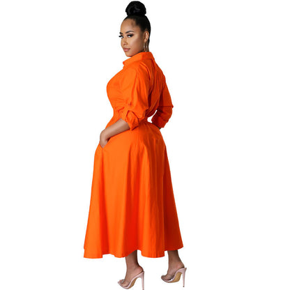 Elegant Women Casual Long-Sleeved Solid Color Maxi Shirt Dress