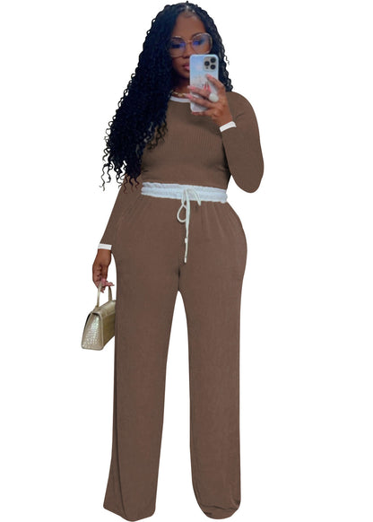 Conjunto de dos piezas informal de mujer para uso diario, con cuello redondo, manga larga y pantalón de punto acanalado en contraste de color