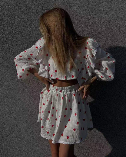 Fashion Casual Sweet Women Strawberry Heart Floral Print Long Sleeve Ruffled Blouse And Skirt Set
