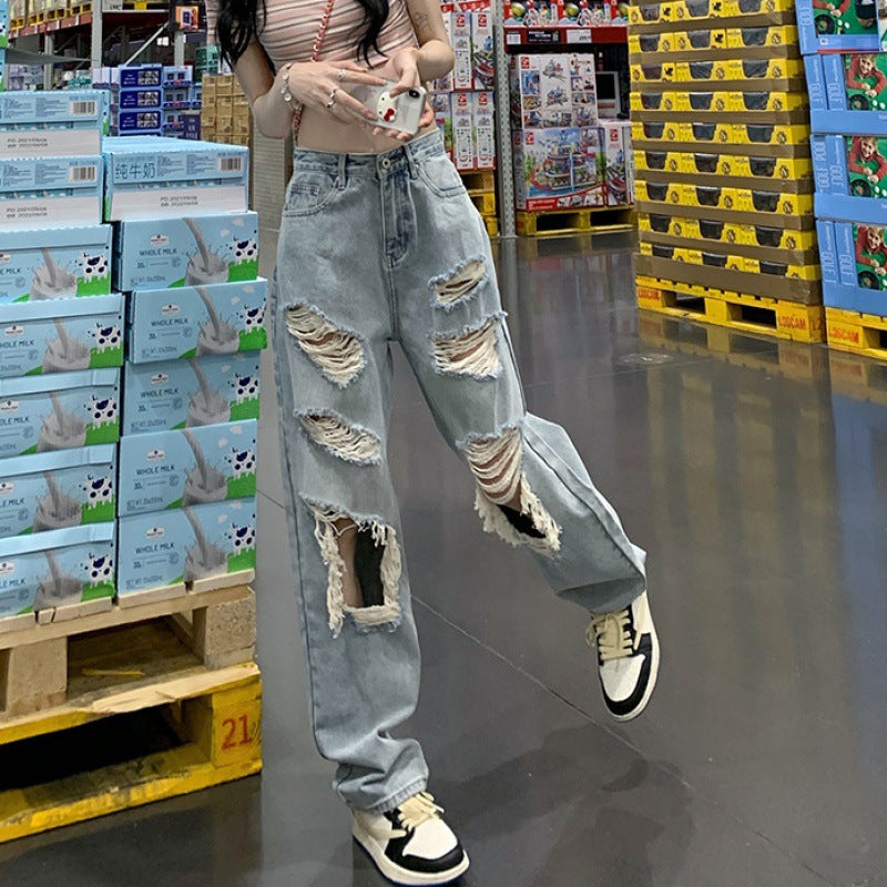 Vaqueros rectos, rotos, holgados e informales de cintura alta para mujer