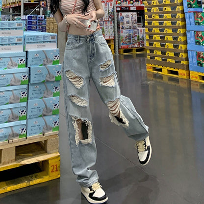 Vaqueros rectos, rotos, holgados e informales de cintura alta para mujer