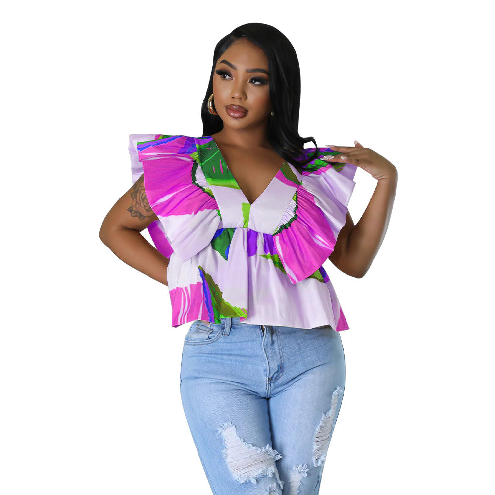 Blusa informal de manga corta con cuello en V y estampado floral arrugado para mujer
