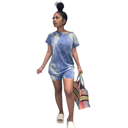 Women Fashion Casual Printed Round Neck Short Sleeve Top Loose Shorts Set