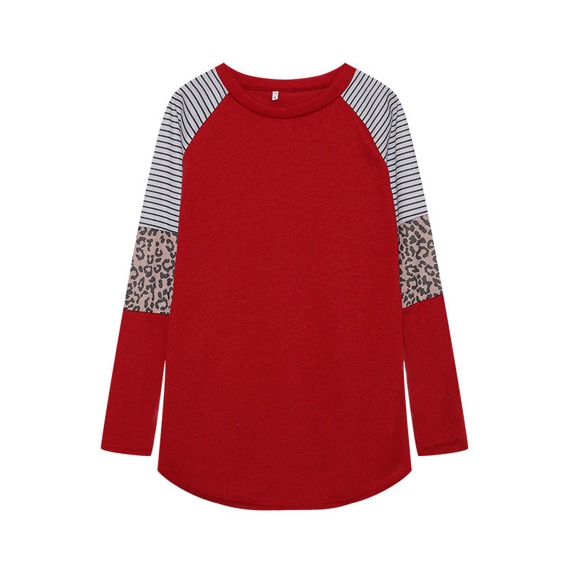 Camiseta informal de manga larga con cuello redondo y rayas de leopardo para mujer de otoño