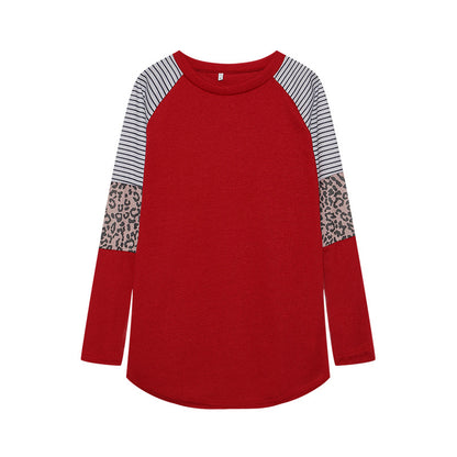 Camiseta informal de manga larga con cuello redondo y rayas de leopardo para mujer de otoño