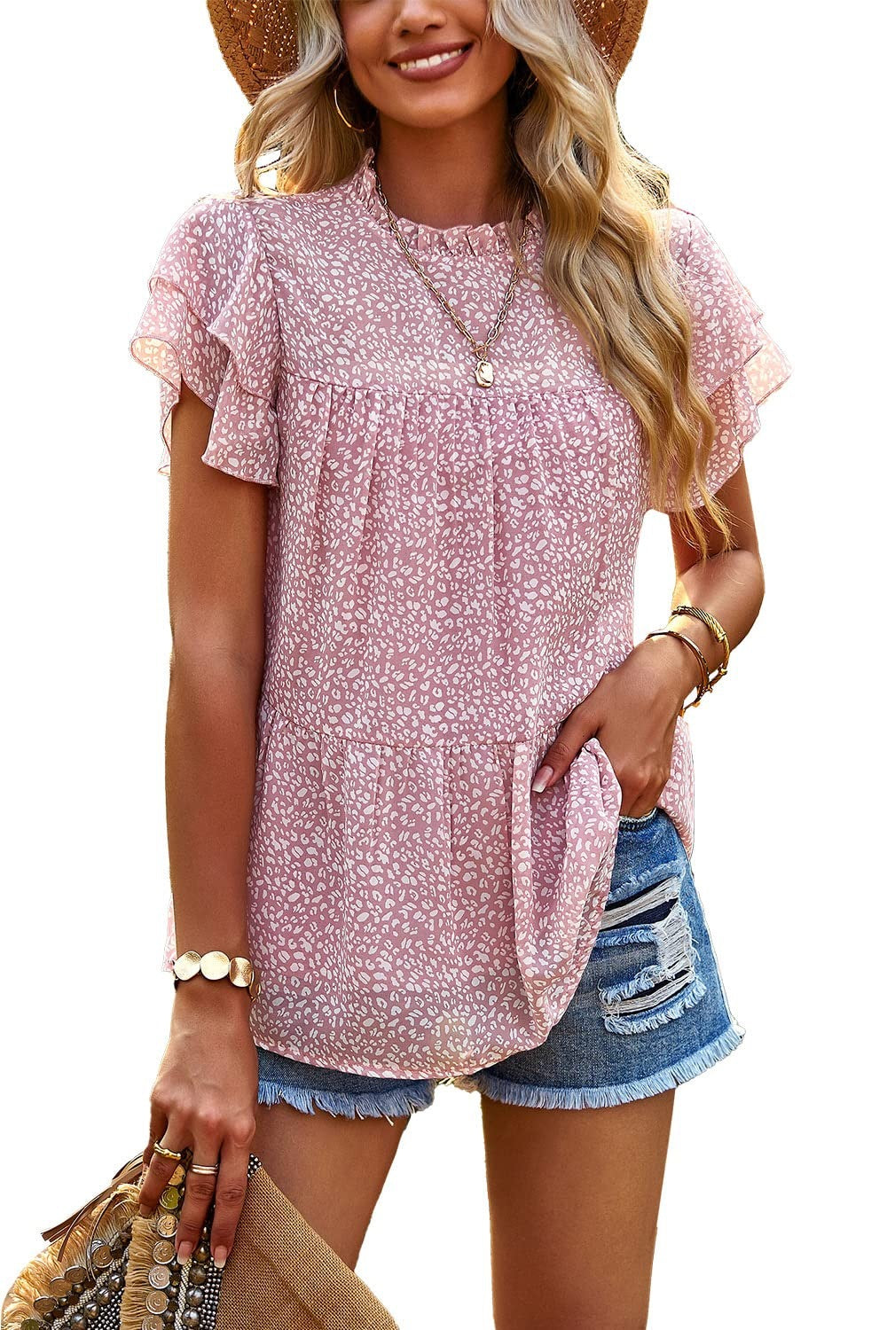 Blusa informal de mujer con estampado floral, volantes, manga corta y cuello redondo