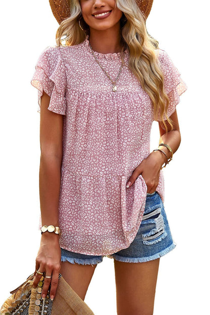 Blusa informal de mujer con estampado floral, volantes, manga corta y cuello redondo