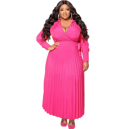 Women Fashion Casual Solid Color Plus Size V-Neck Lace-Up Long Sleeve Pleated Dress