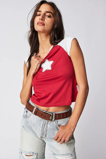Camiseta informal de manga corta con cuello redondo y costuras de estrella de cinco puntas para mujer