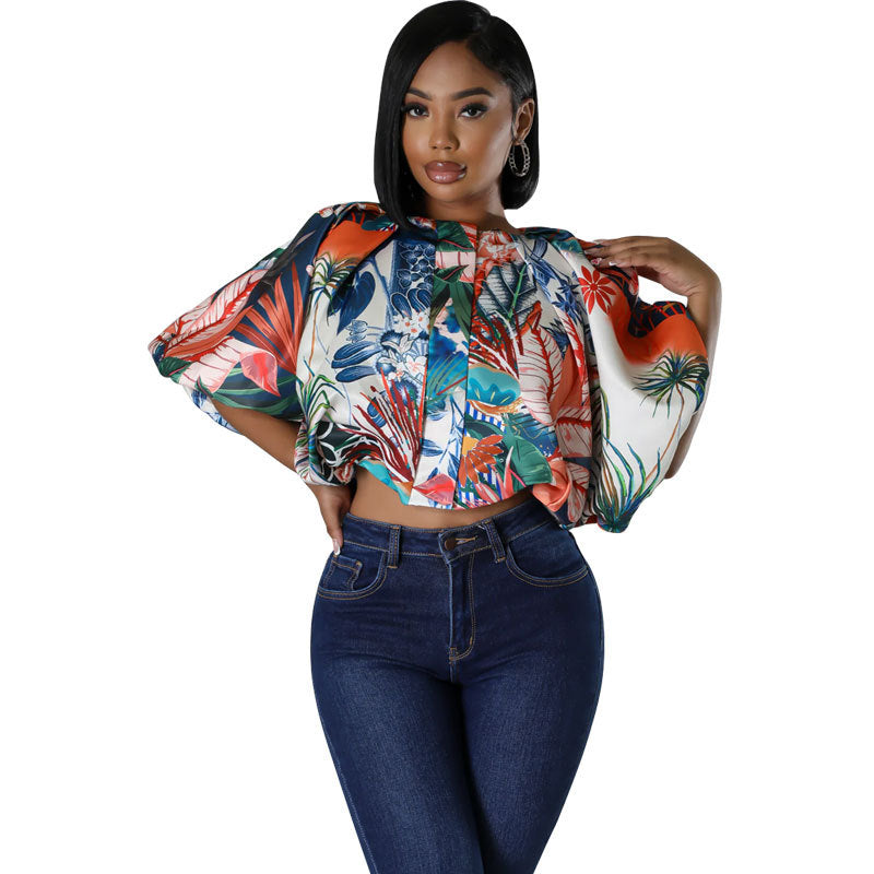 Women Fashion Casual Printed Round Neck Short-Sleeve Crop Top