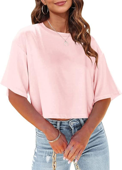 Camiseta básica informal de media manga con estampado de color liso para mujer