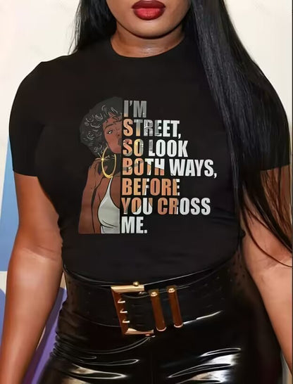 Camiseta informal de manga corta con estampado de dibujos animados de chica negra para mujer
