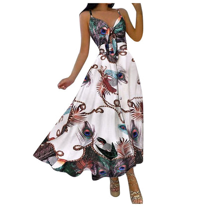 Women Casual Sexy Vacation Floral Print Knit Strap Swing Maxi Dress