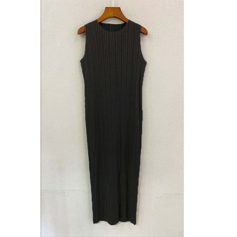 Vestido largo minimalista informal de color liso, suave, sin mangas, con cuello redondo y pliegues para mujer