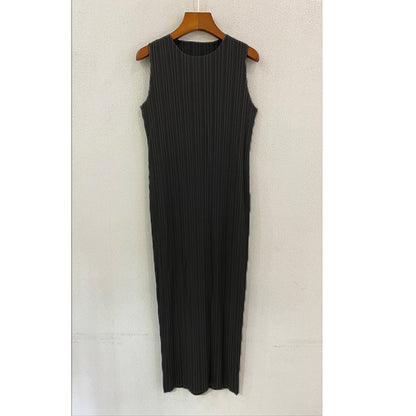 Vestido largo minimalista informal de color liso, suave, sin mangas, con cuello redondo y pliegues para mujer