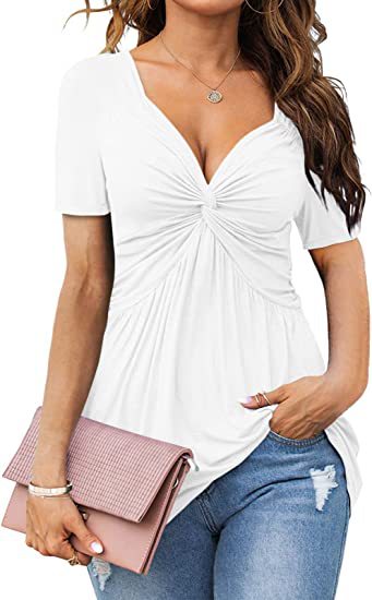 Blusa informal plisada de manga corta con cuello en V y color liso para mujer