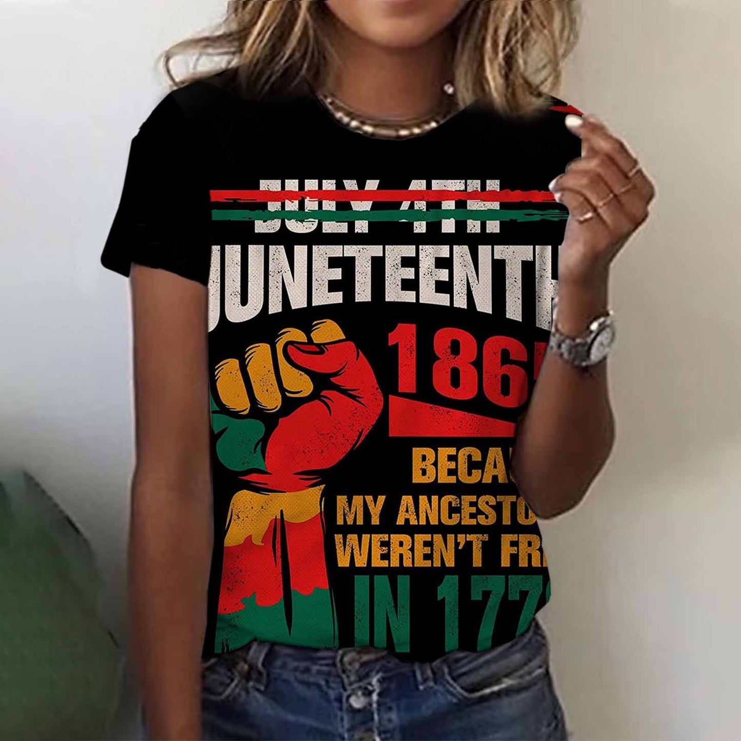 Camiseta informal de manga corta con estampado de letras Juneteenth para mujer