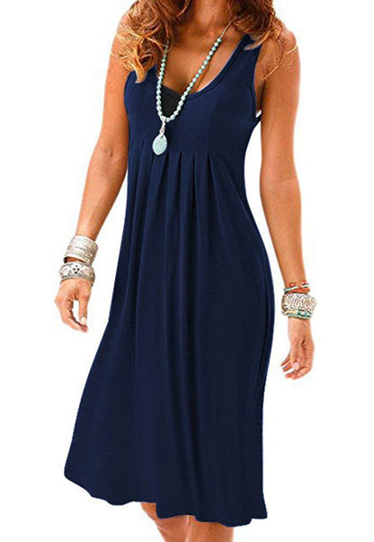 Women Casual Solid Color Loose Pleated Sleeveless Dress