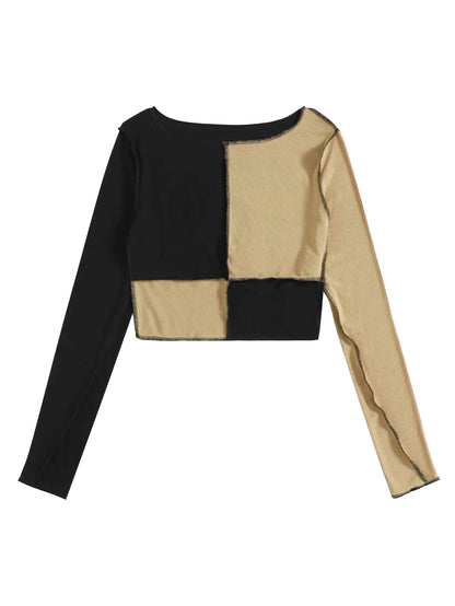 Camiseta corta informal de manga larga con bloques de color a la moda para mujer
