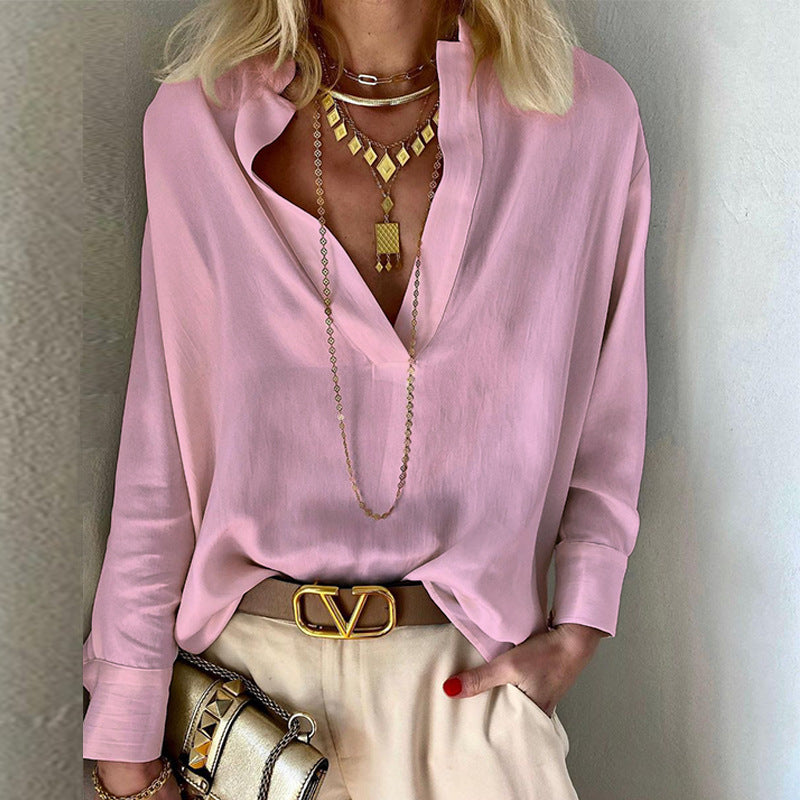 Blusa informal de lino y algodón de color liso con cuello alto para mujer